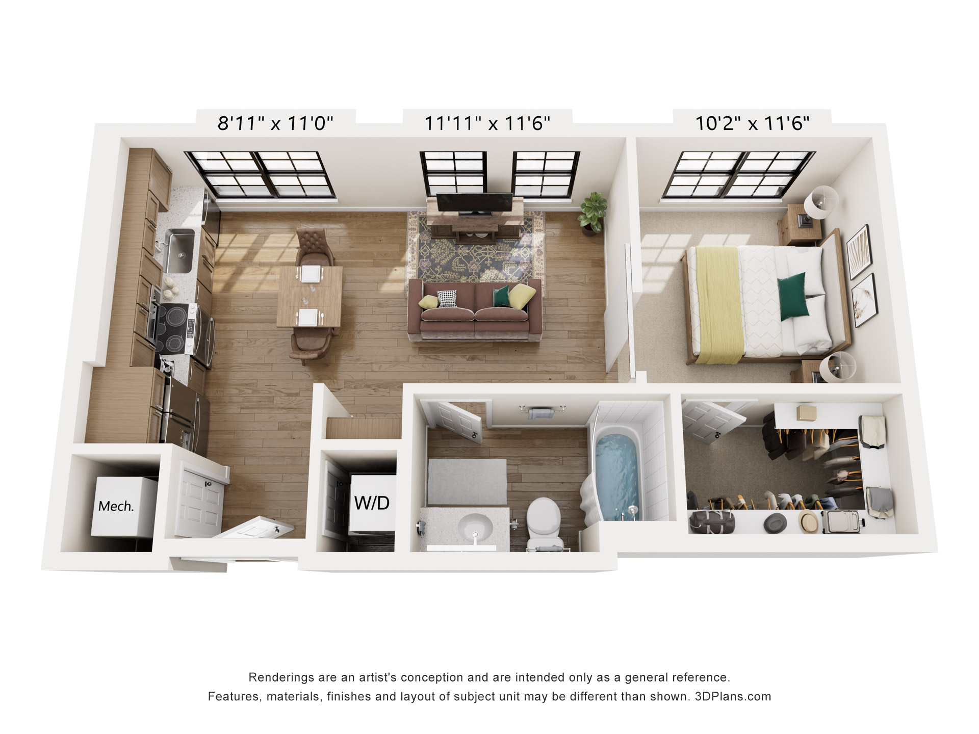 Floor plan for 1 bed, 1 bath, 616 sqft